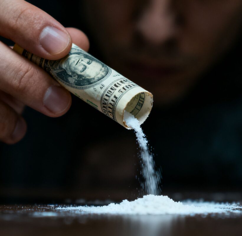 Person preparing to snort cocaine using a rolled banknote.